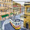 Tram 28 in Lissabon | Carreira 28 | Aquarel schilderij van WatercolorWall