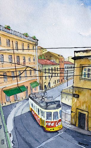 Tram 28 in Lissabon | Carreira 28 | Aquarel schilderij