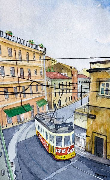 Tram 28 in Lisbon | Carreira 28 | Watercolour painting by WatercolorWall