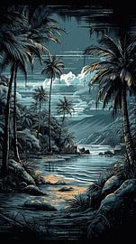 Painting Of A Beach With Mountains And Trees In The Background by Eye catching paintings