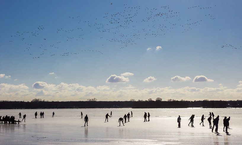 Un vol d'oiseaux au-dessus des patineurs sur le lac gelé de Paterswoldse à Groningen. par Marc Venema