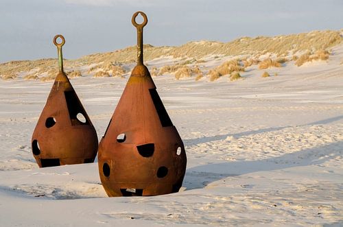 Oude verroeste boeien op het strand  von Tonko Oosterink