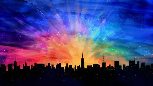 Skyline met lucht in regenboogkleuren