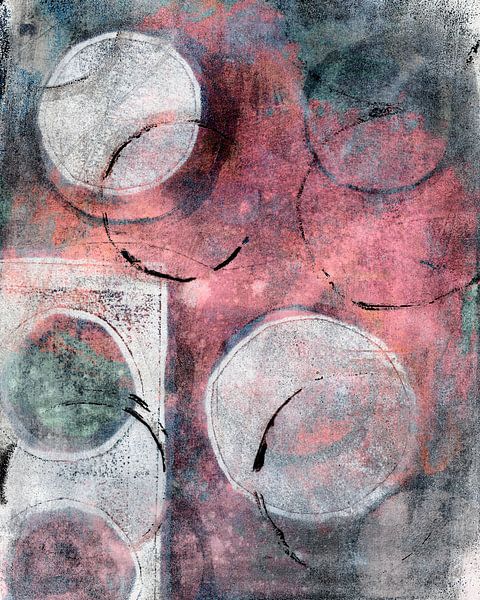 Abstract painting with  shapes in pink, grey, green, white and black by Dina Dankers