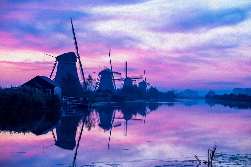Verträumtes Bild von Mühlen in Kinderdijk Kunst Ölgemälde von René von Hout