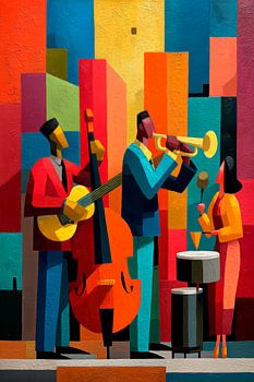 Jazz trio in a colourful geometric urban setting