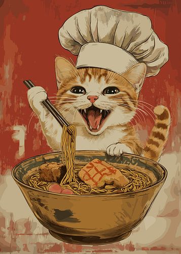Vrolijke kat met koksmuts en kom ramen