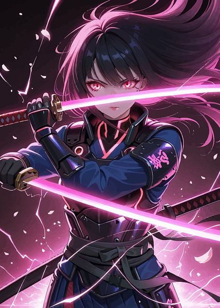 Femme samouraï d'anime tenant un double katana par MIROKKU