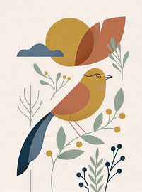 Mid-Century Modern vogelillustratie - Boho-botanische wanddecoratie - Retro abstracte natuurprint van VICTOR S