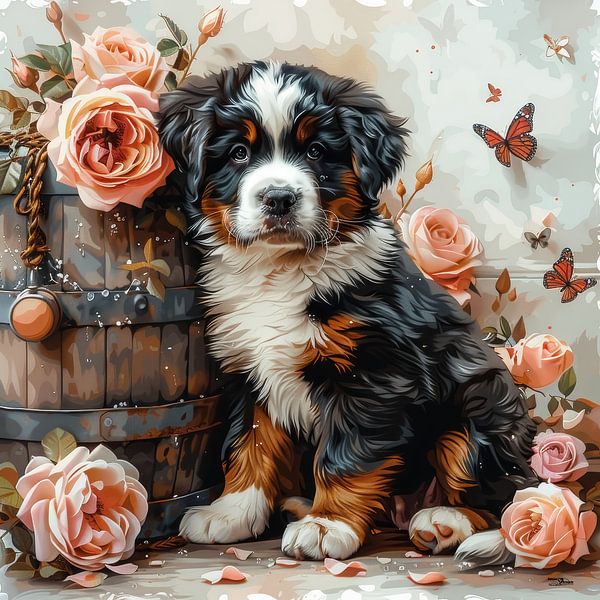 dogs-cats-birds-wine-barrel-butterflies-flowers by Gelissen Artworks