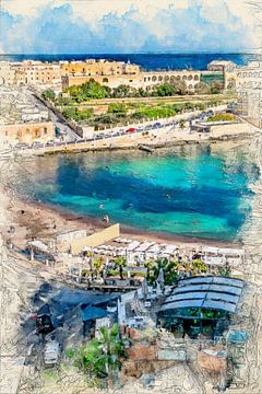 Malta St. Julians stad aquarel schilderij #malta van JBJart Justyna Jaszke