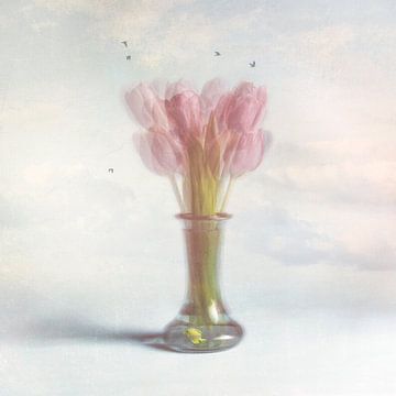 Dutch tulips with sky, birds and yellow fish by Mariska Vereijken