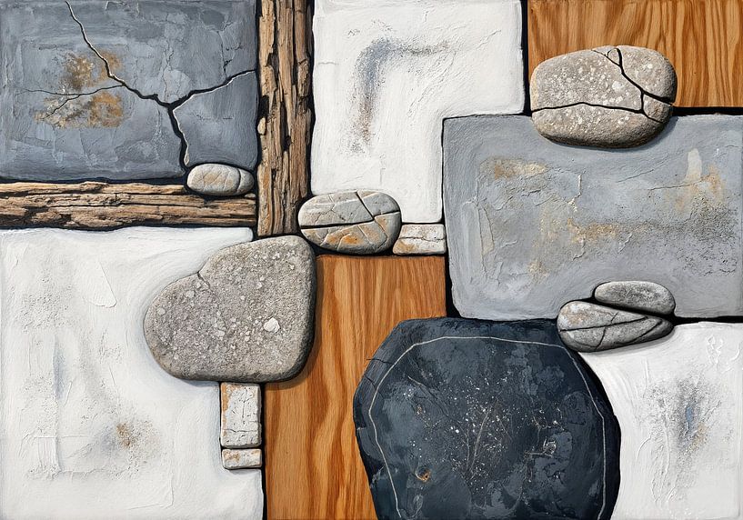 Abstrakte Komposition aus Felsen, Holz und strukturierten Blöcken von Markus Gann
