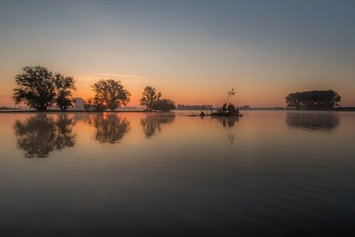 Weerspiegeling bomen in water bij Opheusder Meer met zonsopkomst