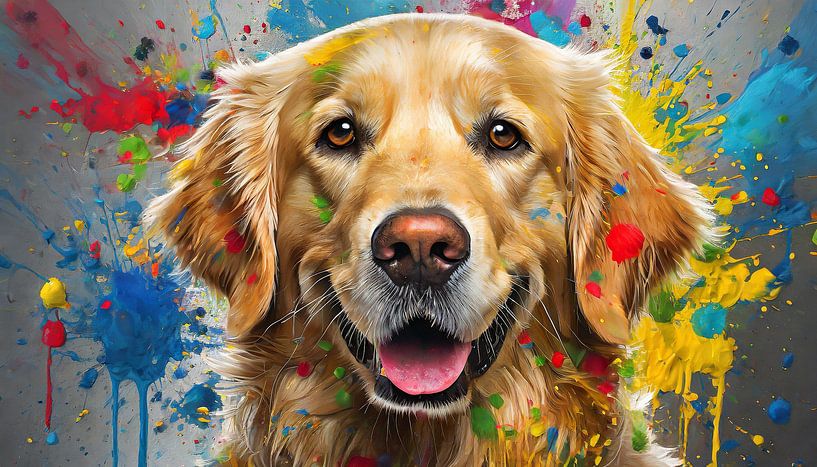 Peinture d'un visage de chien Golden Retriever avec des éclaboussures de peinture colorée par Animaflora PicsStock