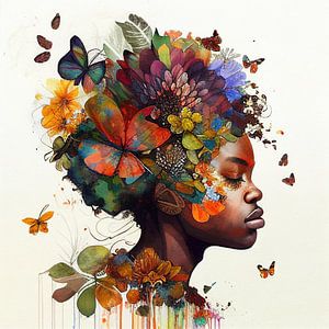 Aquarell Schmetterling Afrikanische Frau #5 von Chromatic Fusion Studio