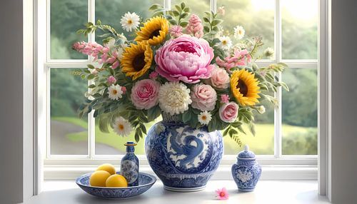 Vase classique bleu et blanc : un mélange vibrant de fleurs