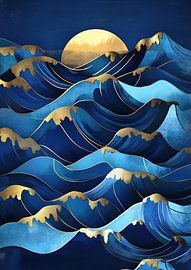 Art Deco Wellen Meer Gold Mond Blau von Niklas Maximilian
