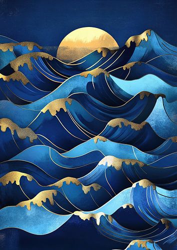 Art Deco Golven Zee Goud Maan Blauw