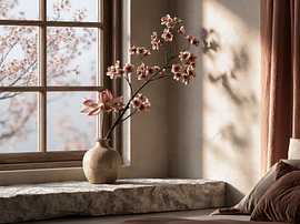 Schaffe mit diesem wunderschönen fotografischen Japandi-Kunstwerk eine Oase der Ruhe und der puren Stille in deinem Zuhause. Das Bild fängt einen heiteren Moment am Nachmittag ein, in dem eine einzelne, zartrosa Lotusblüte in einer rustikalen Keramikvase auf einer rauen Steinfensterbank steht. Der alte Holzfensterrahmen blickt auf die zarte Blüte, was eine tiefe Verbindung zur Natur draußen herstellt. Der absolute Blickfang dieses Werks ist der warme, goldene Lichteinfall. Das Sonnenlicht wirft ein kraftvolles, aber sanftes Schattenmuster auf die strukturierte Lehmwand, wodurch ein vielschichtiges Spiel aus Licht und Schatten entsteht. Dieses Kunstwerk verkörpert die reine Essenz der japanischen Wabi-Sabi-Philosophie: die Wertschätzung der Schönheit in der Unvollkommenheit, Vergänglichkeit und Einfachheit. von Egon Zitter