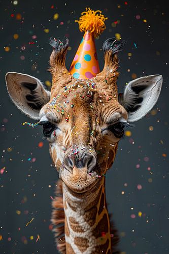 Grappige giraffe viert jaren 60 70 disco verjaardag met taart