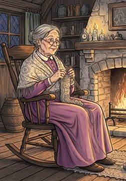 Elderly Woman Knitting in Rocking Chair by Fireplace