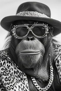 Portret van een orang-oetan met zonnebril en hoed van Poster Art Shop