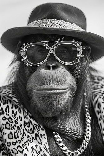 Portret van een orang-oetan met zonnebril en hoed