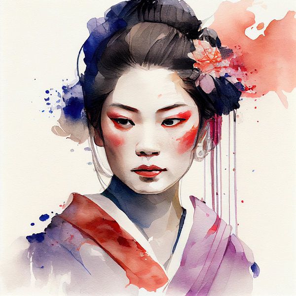 Aquarel Moderne Geisha #3 van Chromatic Fusion Studio