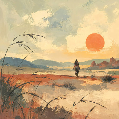Cowboy op de prairie (AI) (reizen, Mexico, avontuur, paardrijden, vrijheid, vintage, oranje zon)