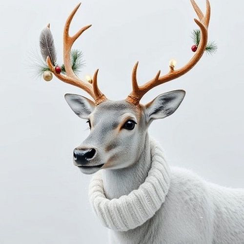 Een rendier in het wit met gewei minimalisme.