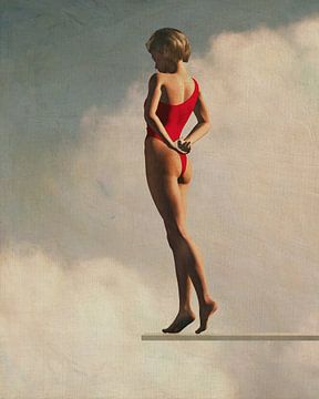 Retro Style Gemälde einer Frau auf einem Sprungbrett