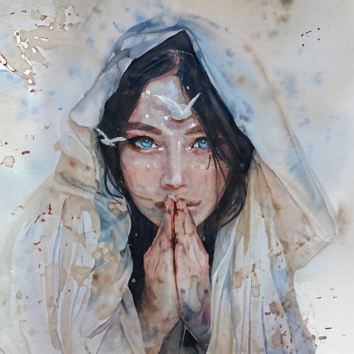 Christian art of woman praying with God