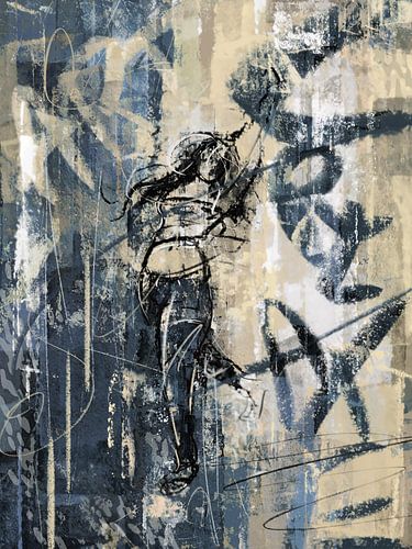 Abstract artwork in blauw en geel