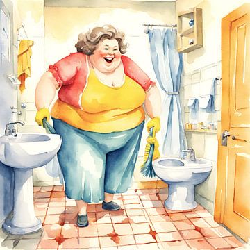 Une femme douillette nettoie la salle de bains sur De gezellige Dames