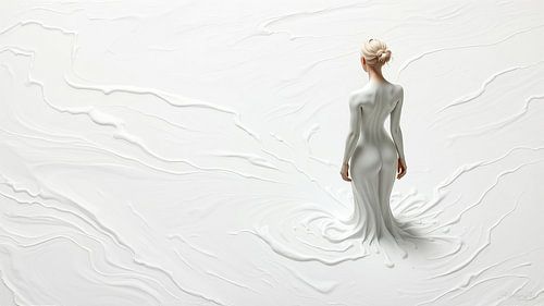 Vrouw in de mantel der stilte ondergedompeld in vloeibare witte verf - over de samensmelting van lichaam, identiteit en kleur in de stroom van materie