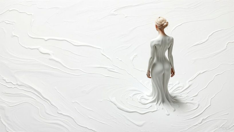 Frau in weißer Farbe – Im Mantel der Stille eine Verschmelzung von Körper, Identität und Farbe im Strom der Materie von AidasignArt