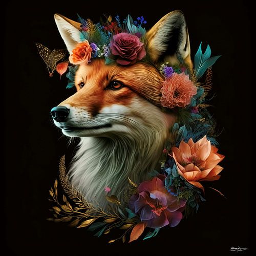 vos met bloemen