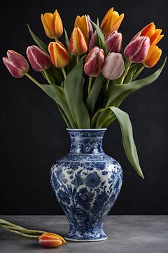 Delfst blauwe vaas met tulpen van Bernhard Karssies