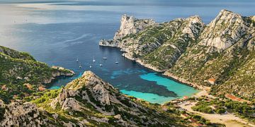 Panoramic view from Calanque de Sormiou in the Calanque National Park in France in summer.