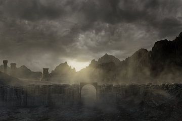 Dystopische Landschaft mit abstrakter Stadtmauer im Staub von Besa Art