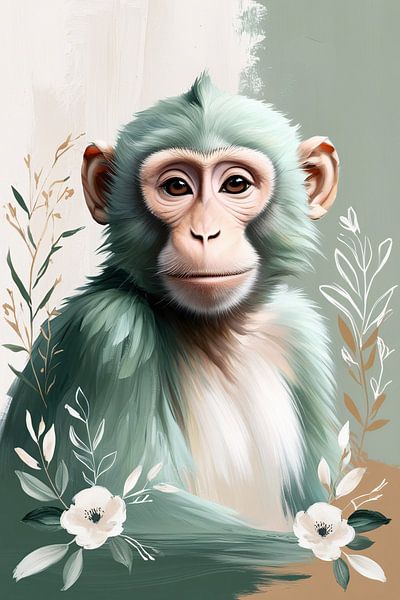 Singe avec des fleurs dans des tons pastel par Art & Soul Creations