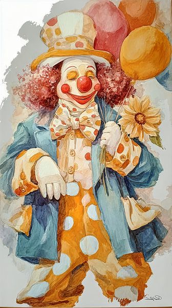 fröhlicher Clown in Aquarell von Gelissen Artworks