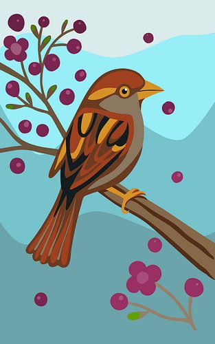 An illustration of a house sparrow on a branch by Bianca Wisseloo