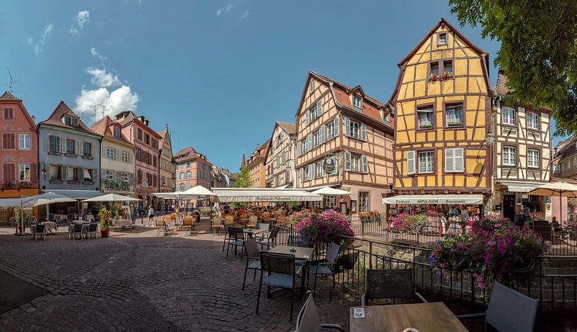 Half-timbered houses on the Grand'Rue, terraces, cafe, Colmar, Alsace, France by Rene van der Meer