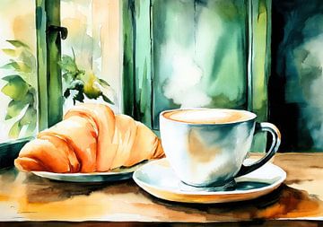 Kaffee und Croissant – Aquarell Frühstück von Niklas Maximilian