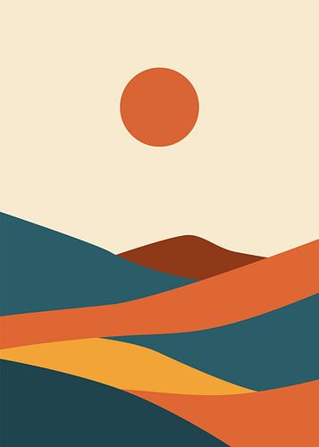 Diptyque vectoriel minimaliste représentant des paysages naturels, composé de chaînes de montagnes abstraites et de dunes désertiques sous un soleil couchant aux teintes chaudes.