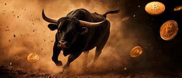 Stier in beweging met gouden munten van Poster Art Shop