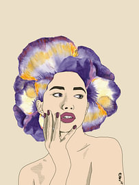 Mystery -Floral Female Portrait with Handpainted Purple Pansies on Warm Cream by Chrz - AquaPixelFusion