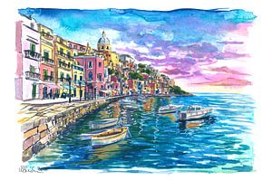 Gemälde des Hafens von Procida mit bunten Häusern und dem Mittelmeer